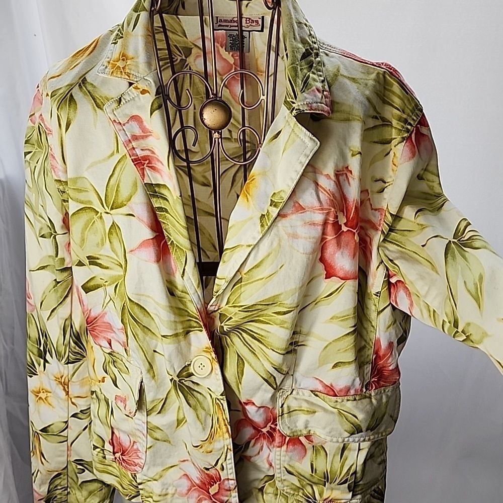 Tropical Floral & Palm Jacket/Blazer Size L Vintage Jamaica Bay